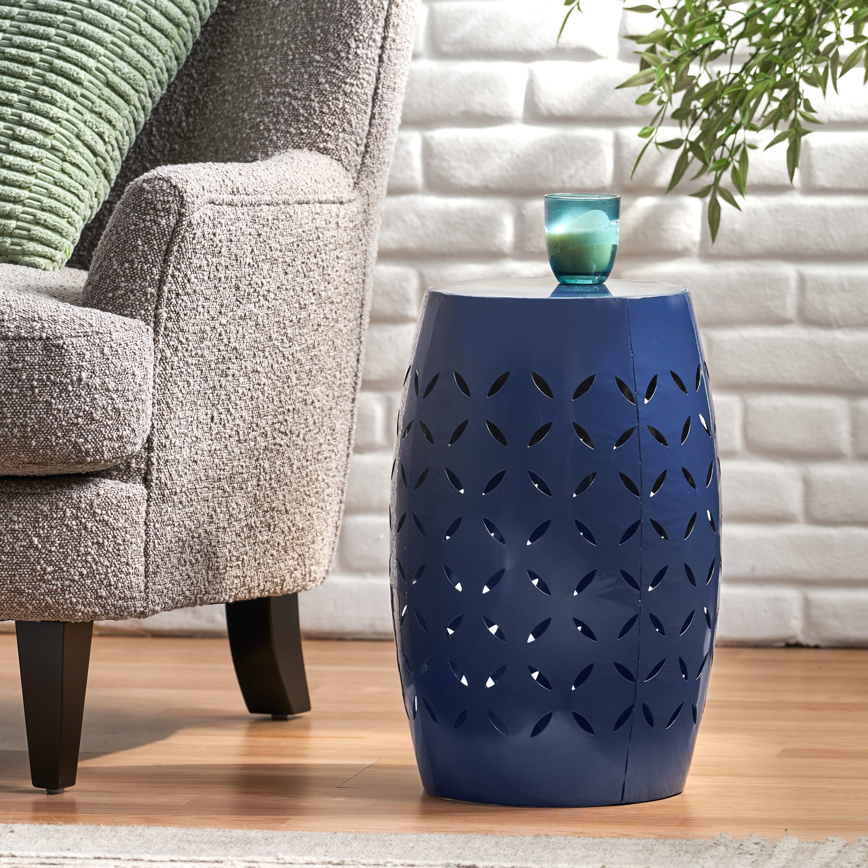 Lace-Cut Outdoor Side Table Patio Accent - Navy Blue