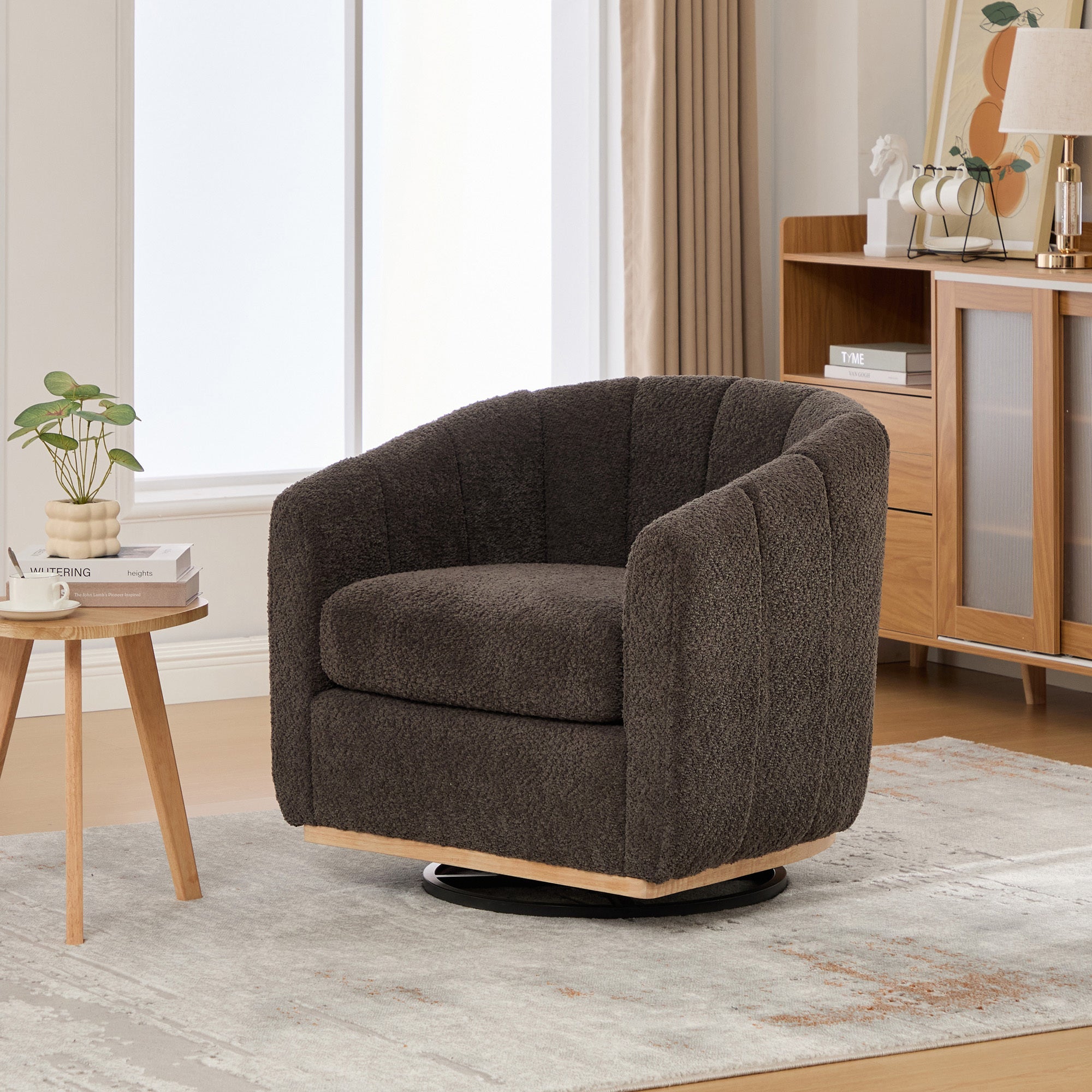 Eaton Charcoal Swivel Barrel Chair with Metal Base and Tufted-Chenille Upholstery