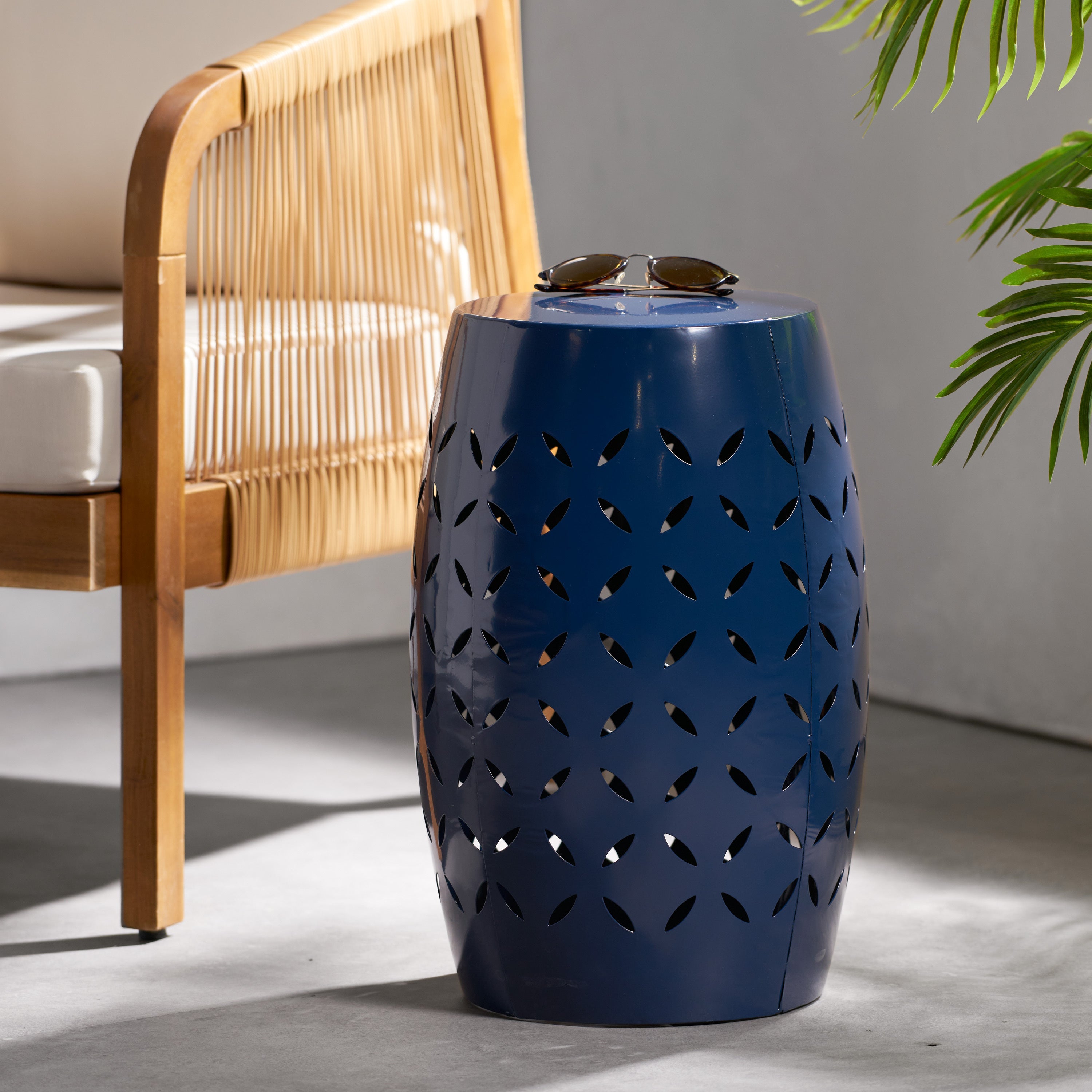 Lace-Cut Outdoor Side Table Patio Accent - Navy Blue