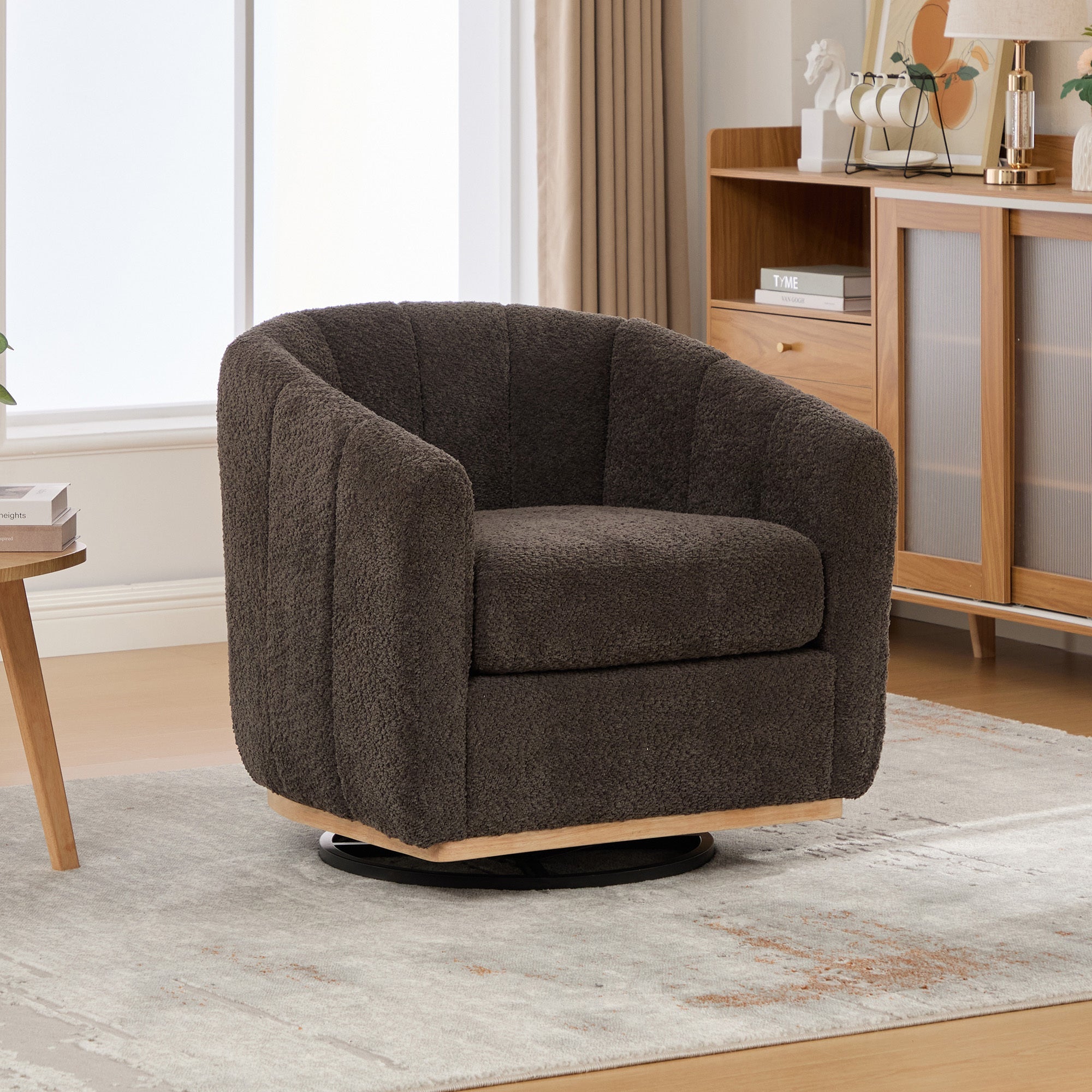 Eaton Charcoal Swivel Barrel Chair with Metal Base and Tufted-Chenille Upholstery