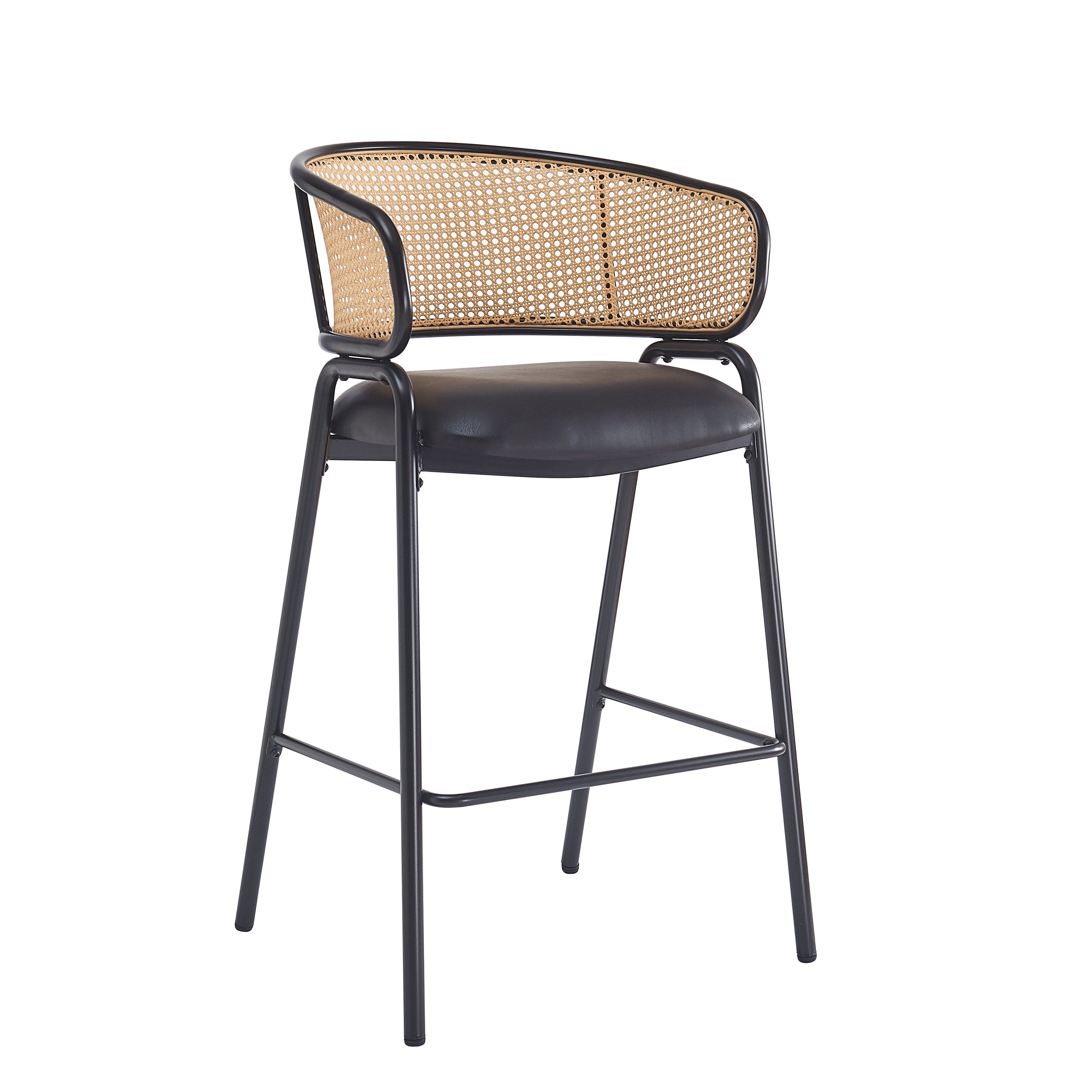 Ethan Indoor Metal Upholstered Barstool, Faux Leather Seat With Wowen Rattan Decorated Backrest, Set of 2