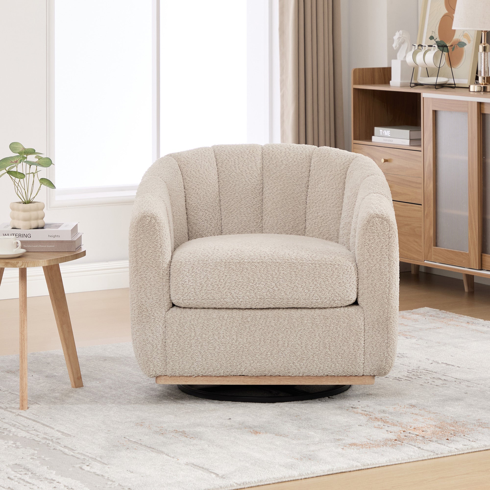 Eaton Wheat Swivel Barrel Chair with Metal Base and Tufted-Chenille Upholstery