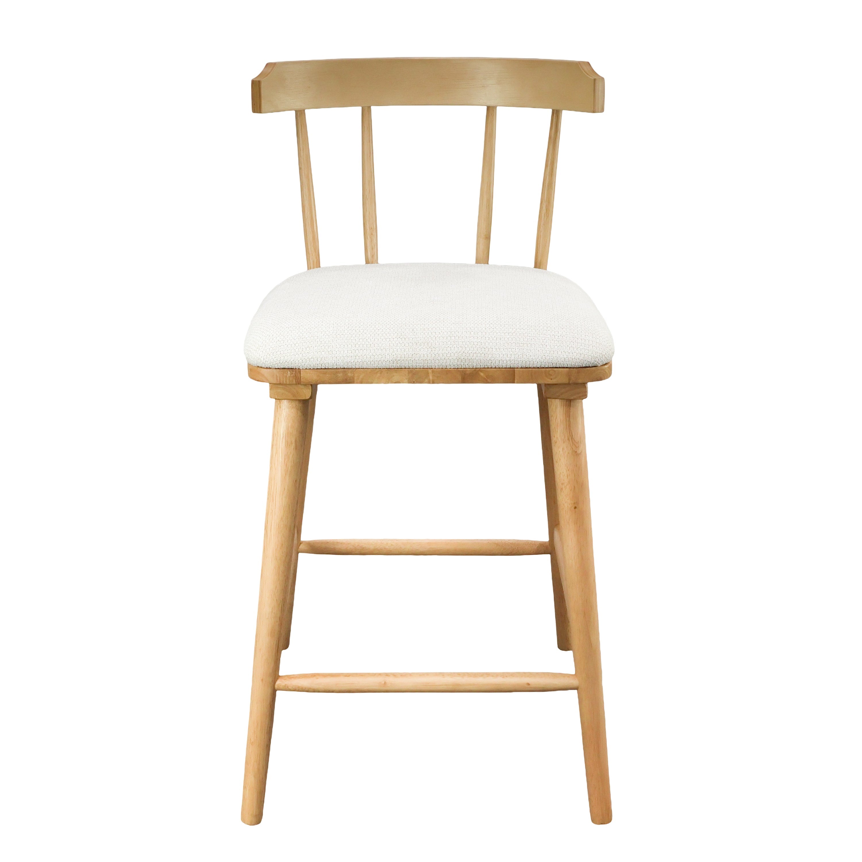Olivia Indoor Wooden Upholstered Counter Stool, Natural Finish with Beige Upholstery, Windsor Style, Set of 2