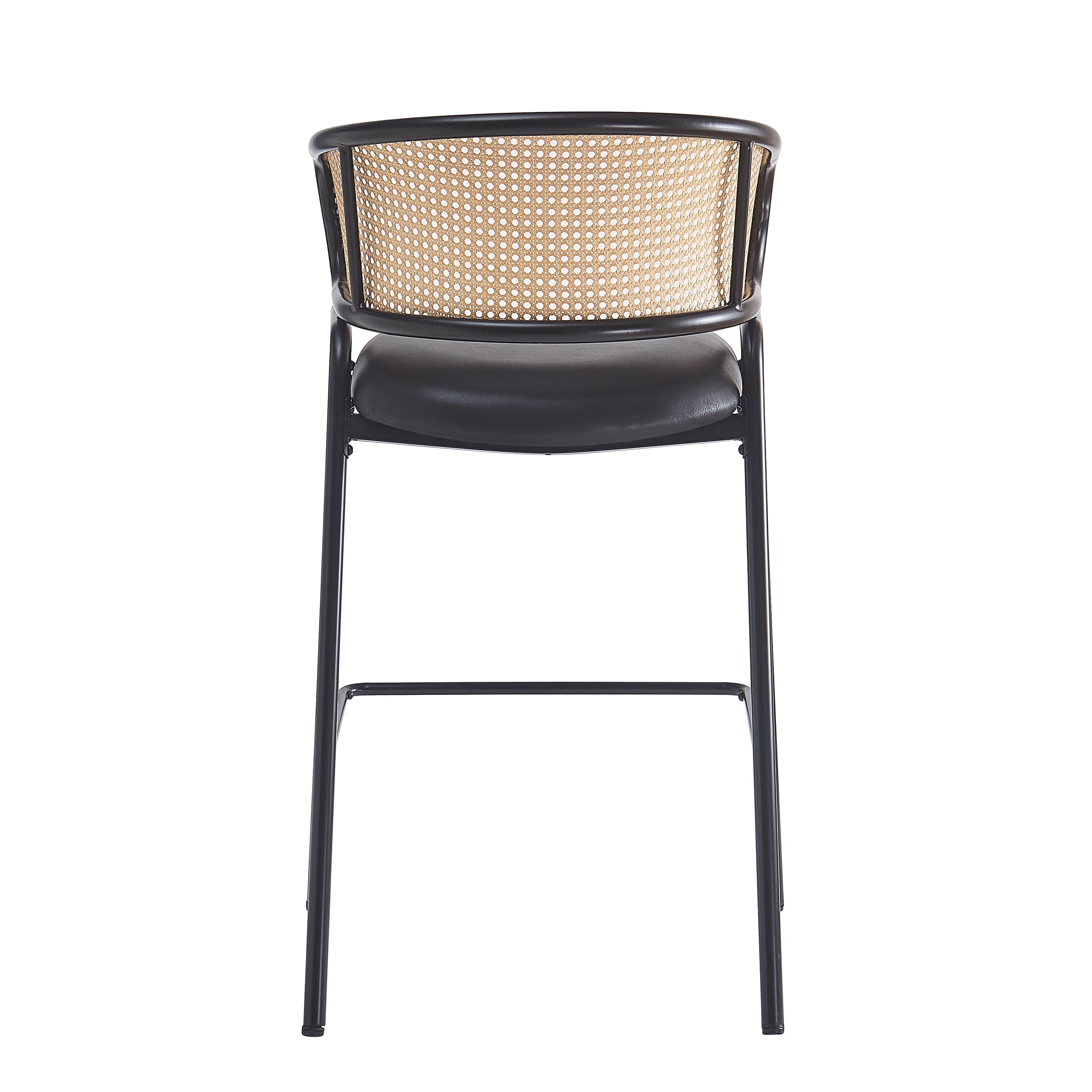 Ethan Indoor Metal Upholstered Barstool, Faux Leather Seat With Wowen Rattan Decorated Backrest, Set of 2