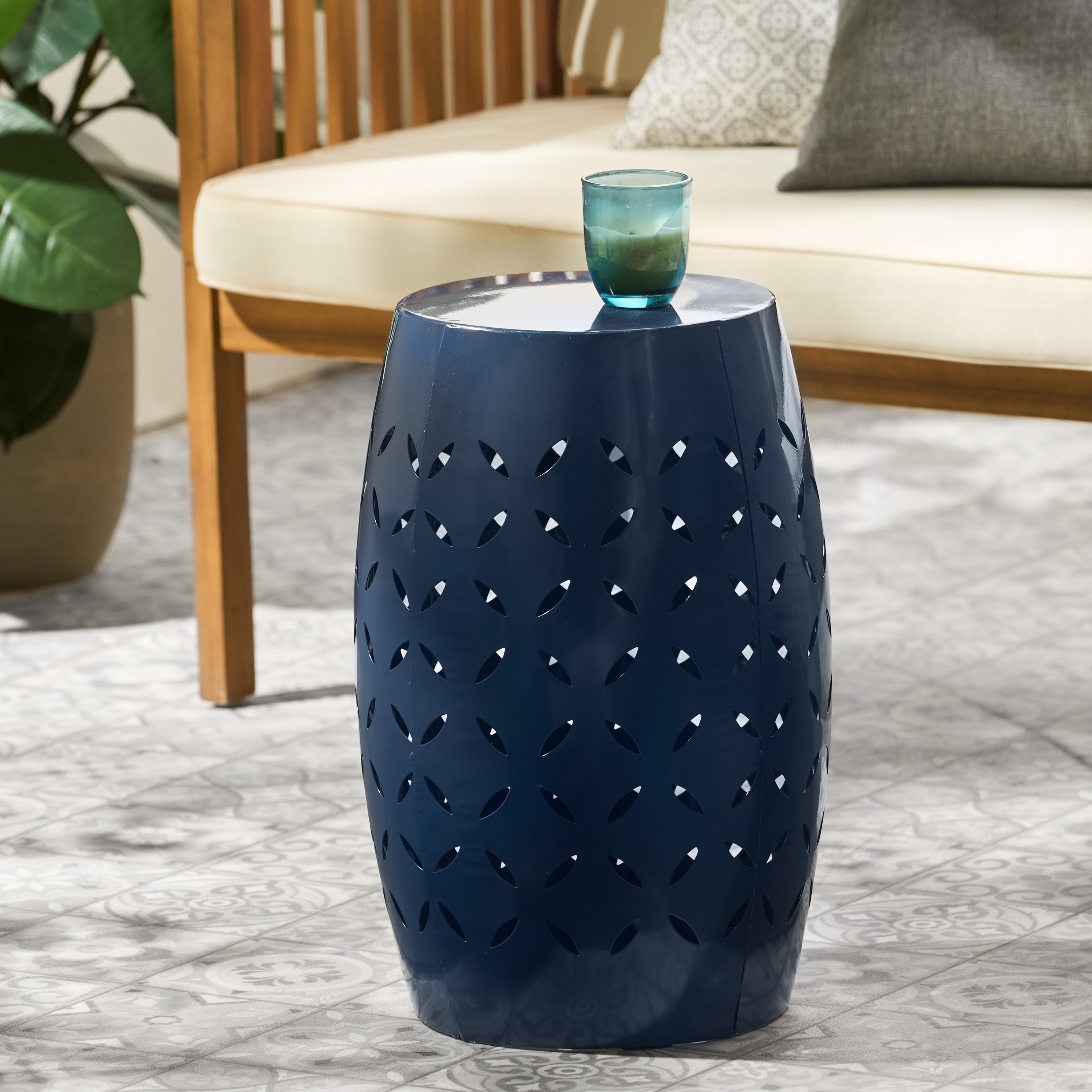 Lace-Cut Outdoor Side Table Patio Accent - Navy Blue