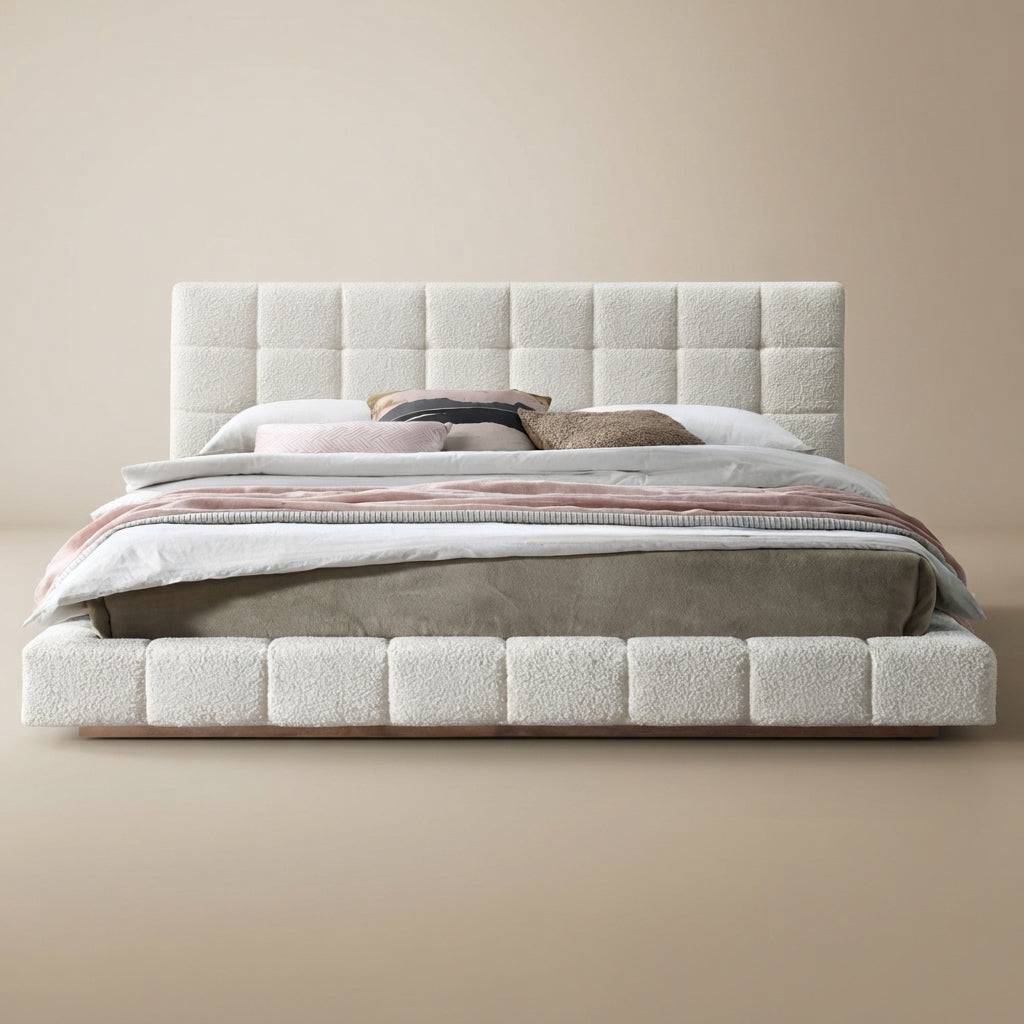 Hughes King Ivory Boucle Platform Bed