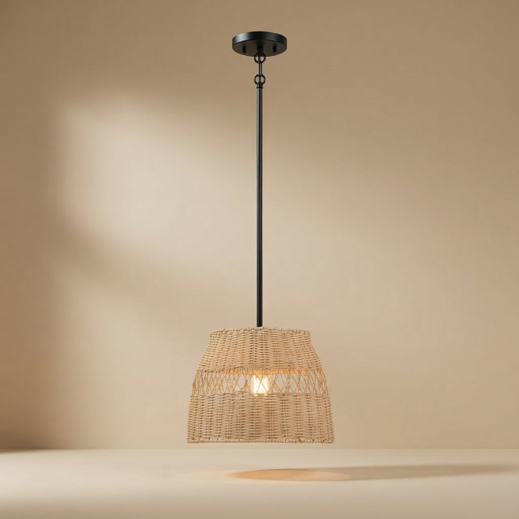 Essence Single Lights Pendant With Rattan Shade  Black Metal Finish for Farmhouse Style