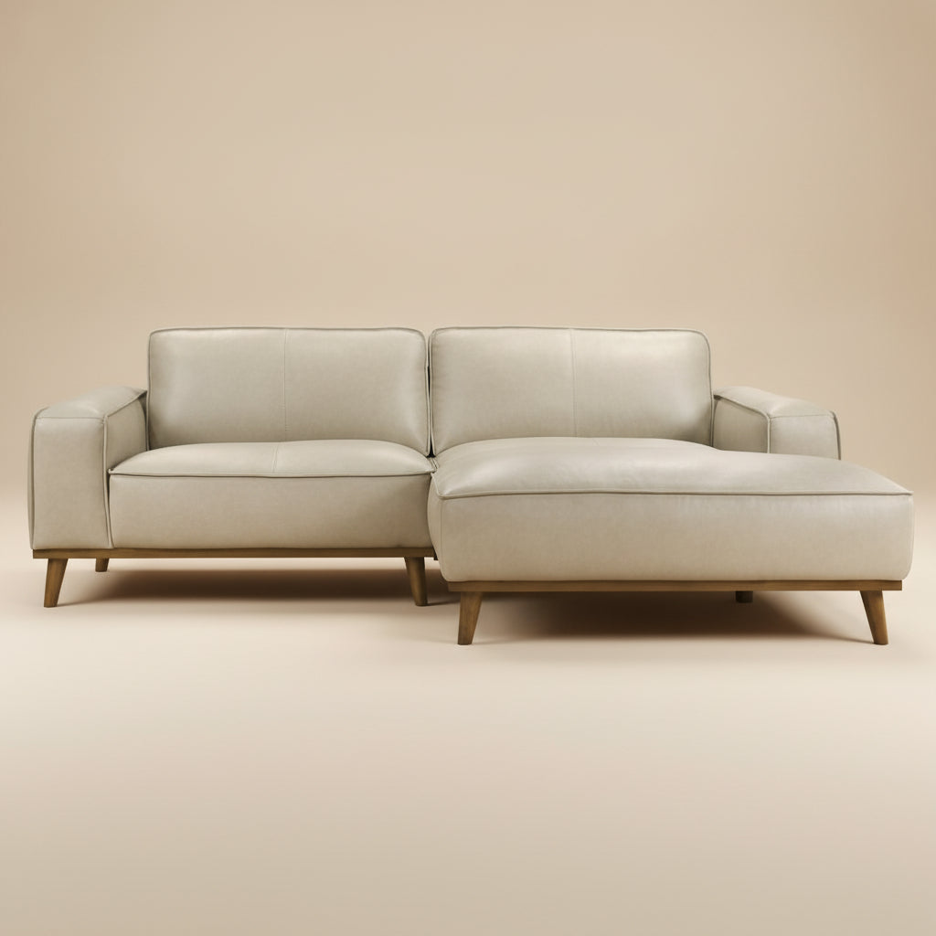 Clifton Beige Leather Sectional Sofa Right Facing Chaise