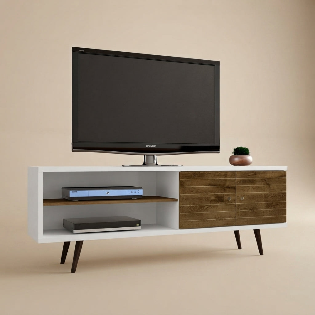 Liberty 63" Mid-Century Modern TV Stand - White & Rustic Brown