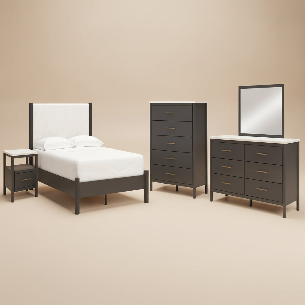 Cadmori Full Upholstered Panel Bed, Dresser, Mirror, Chest and Nightstand