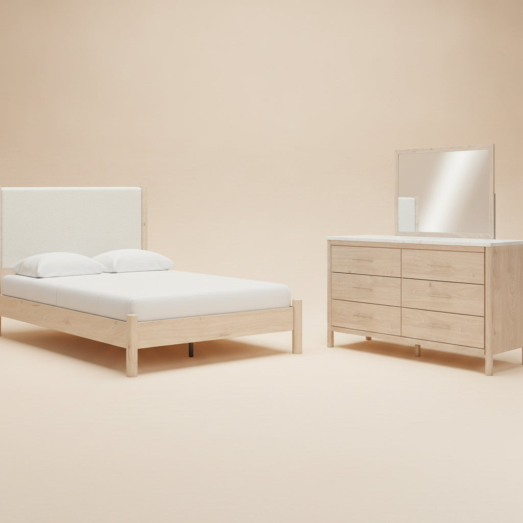 Cadmori Queen Upholstered Panel Bed with Mirrored Dresser