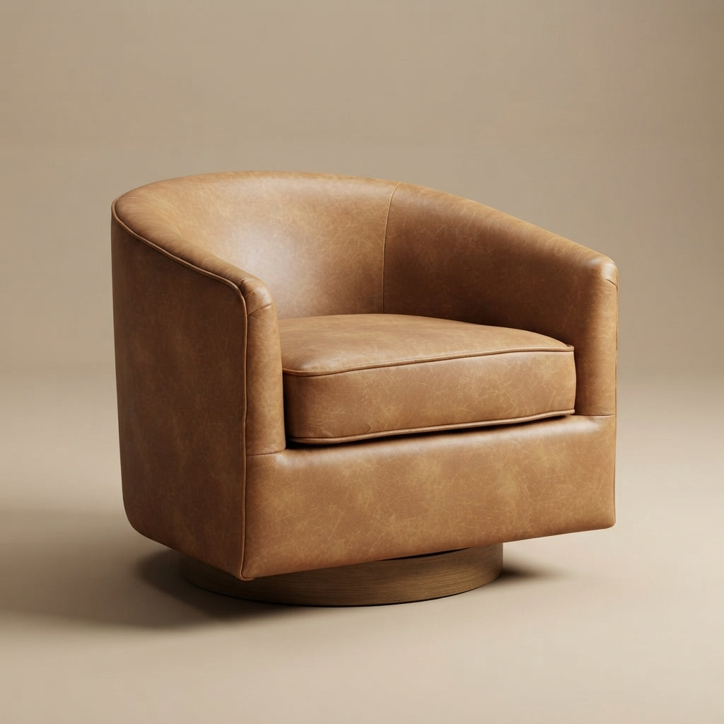 Maisy Saddle Brown Vegan Leather Barrel Swivel Chair