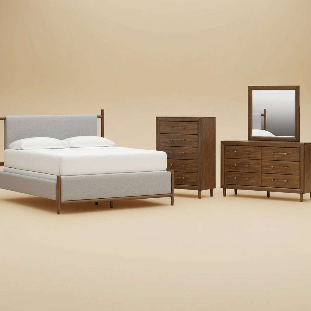 Lyncott California King Upholstered Bed, Dresser, Mirror and Chest