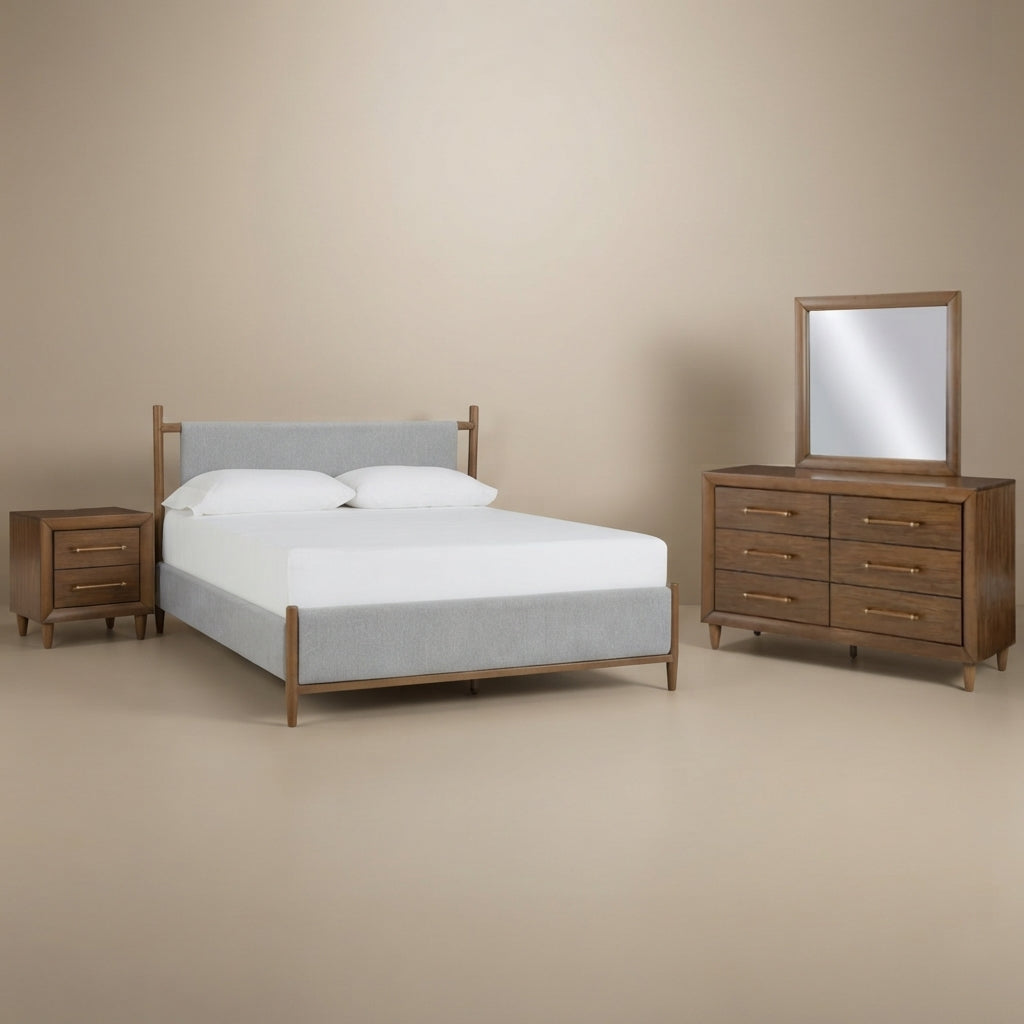 Lyncott Queen Upholstered Bed with Mirrored Dresser and Nightstand