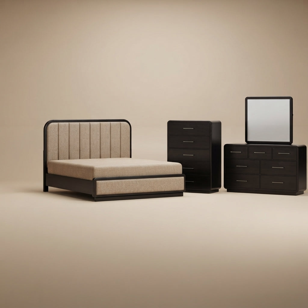Rowanbeck California King Upholstered Panel Bed, Dresser, Mirror, Chest and Nightstand