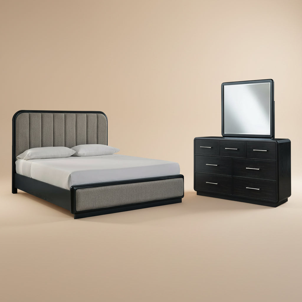 Rowanbeck King Upholstered Panel Bed with Mirrored Dresser