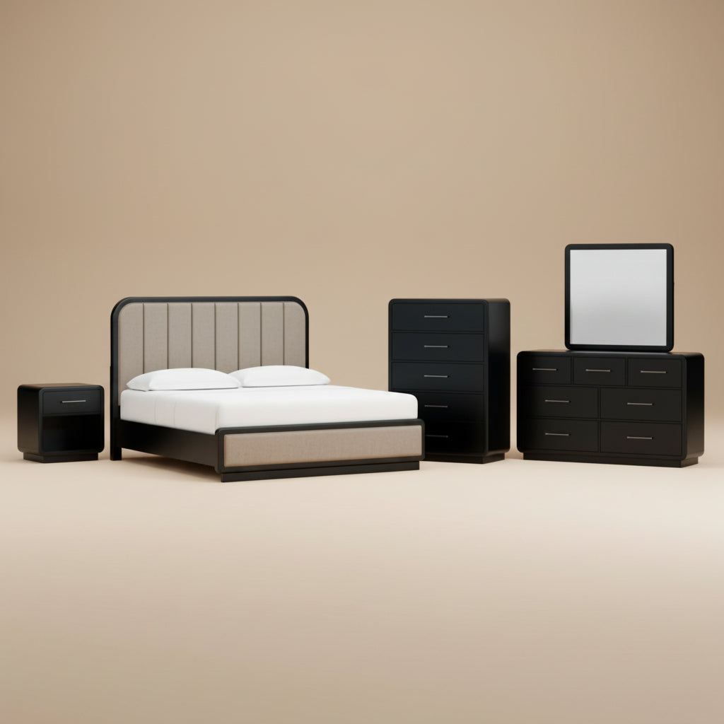 Rowanbeck King Upholstered Panel Bed, Dresser, Mirror, Chest and Nightstand