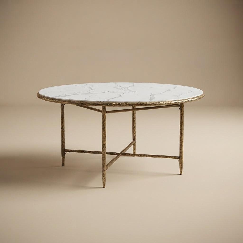 Balvi Contemporary Matte Gold Round Dining Table with White Marble Melamine Top