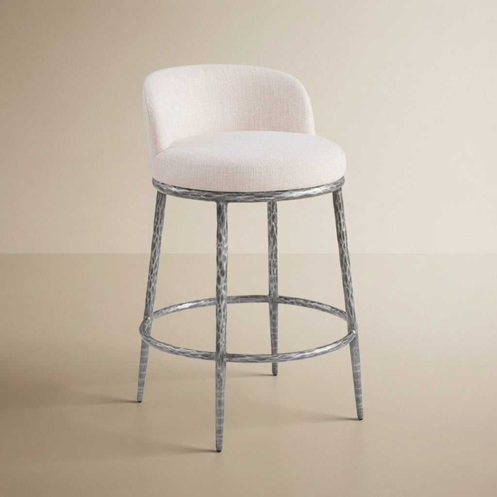 Rilva Contemporary Gunmetal Counter Height Stool with Linen White Fabric