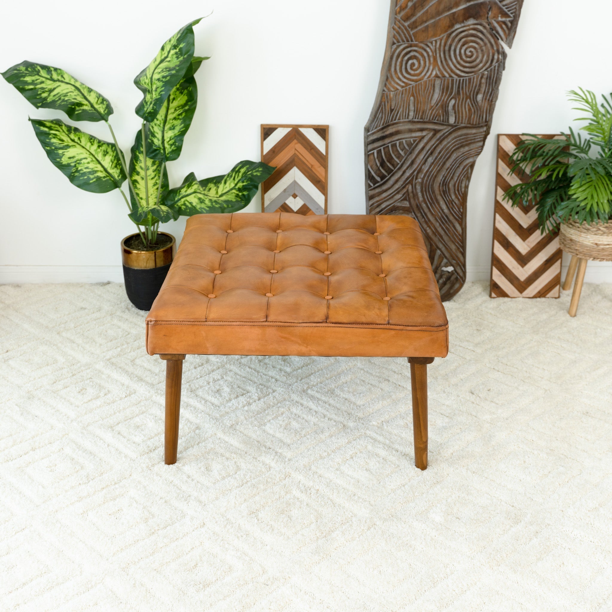 Katy Tan Leather Ottoman w/ Buttons