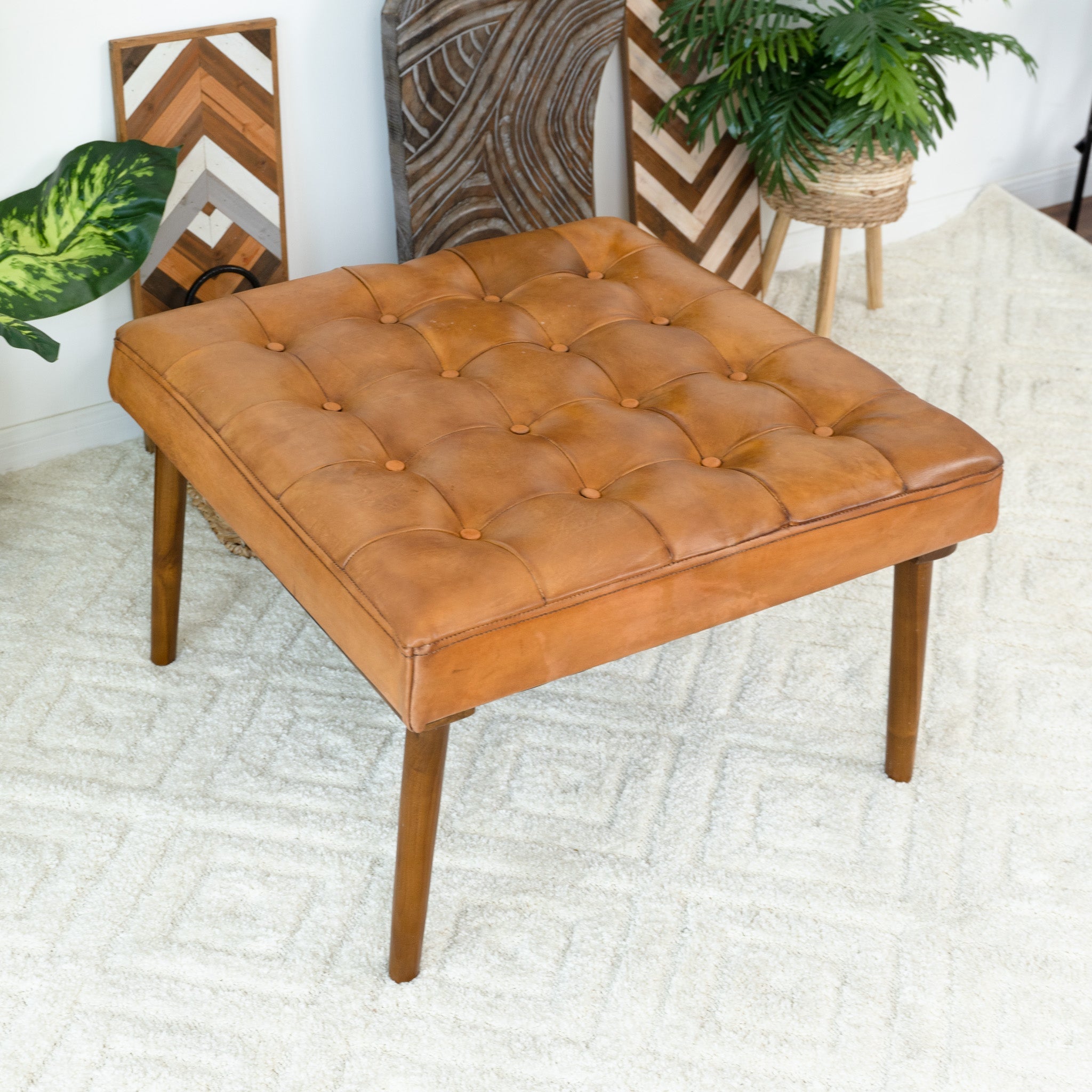 Katy Tan Leather Ottoman w/ Buttons