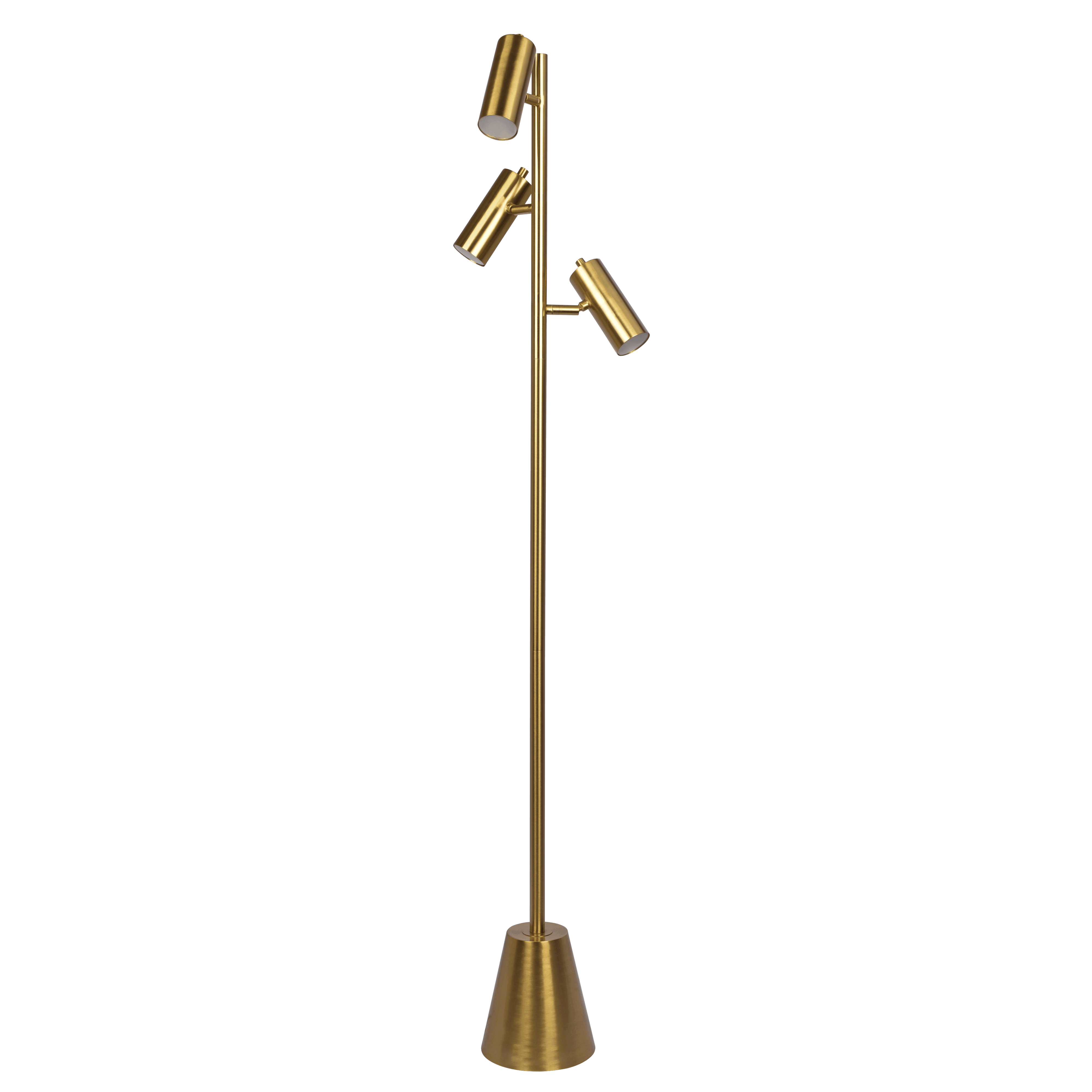 Nairobi Brassed Gold Floor Lamp with Rotary Switch Triple Spots Metal Cone Base