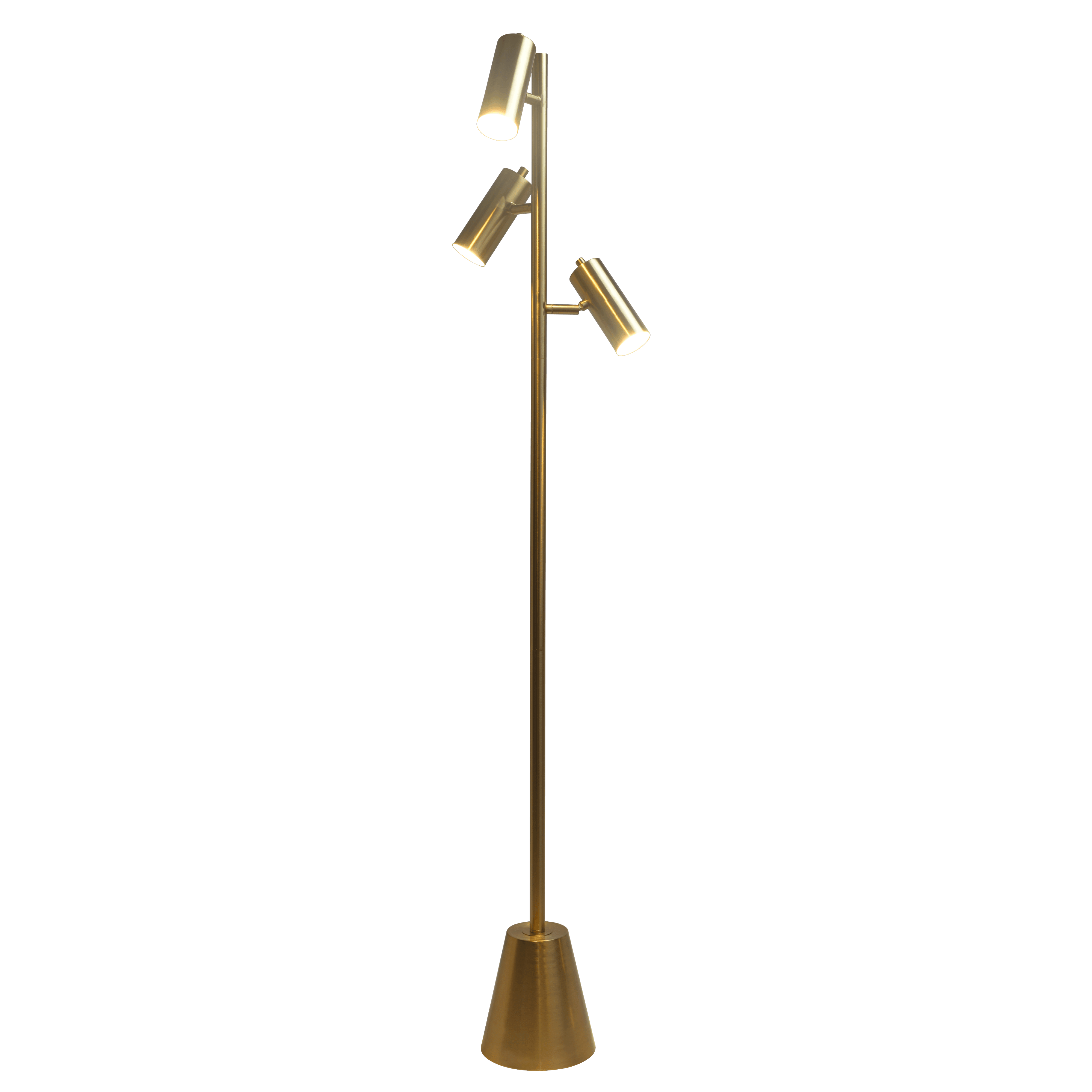 Nairobi Brassed Gold Floor Lamp with Rotary Switch Triple Spots Metal Cone Base