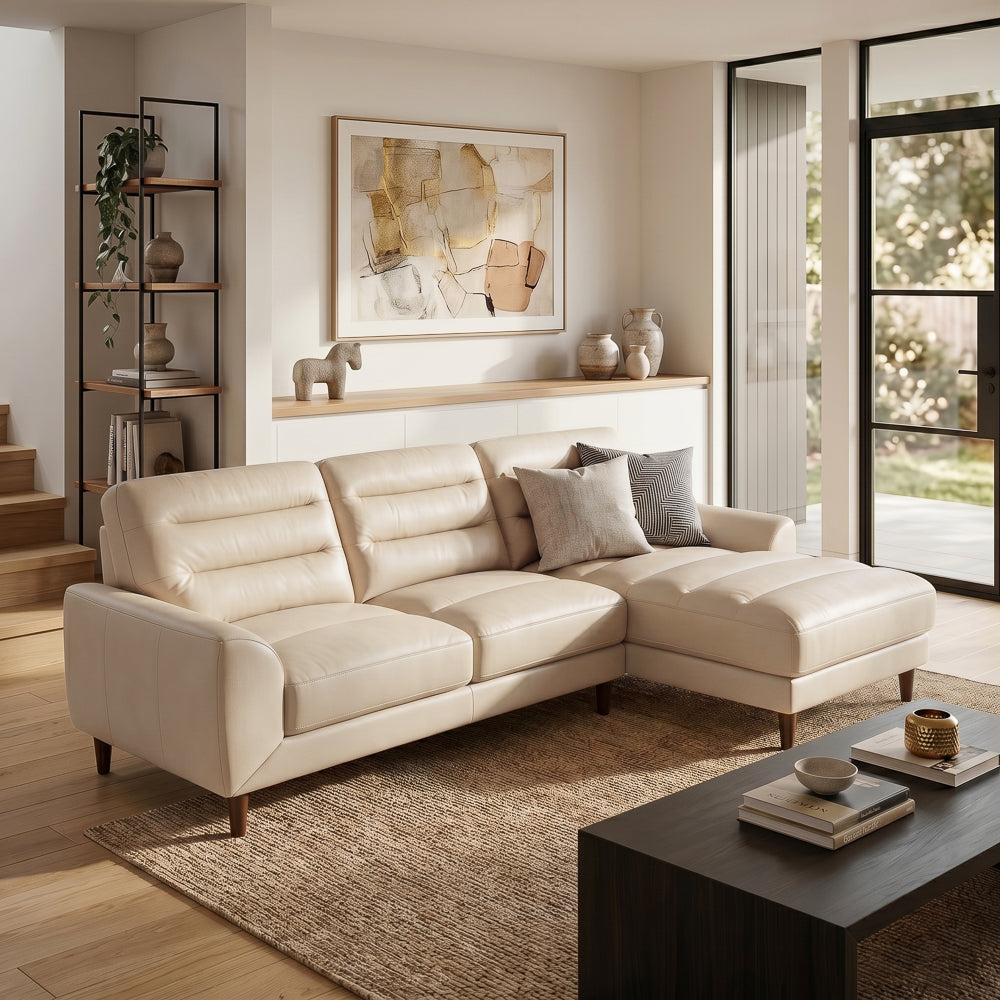 Barton Cream Leather Right Facing Sectional Sofa