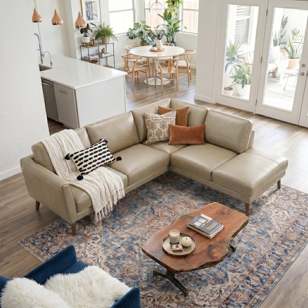 Bexley Beige Leather Sectional Sofa Right Facing Chaise