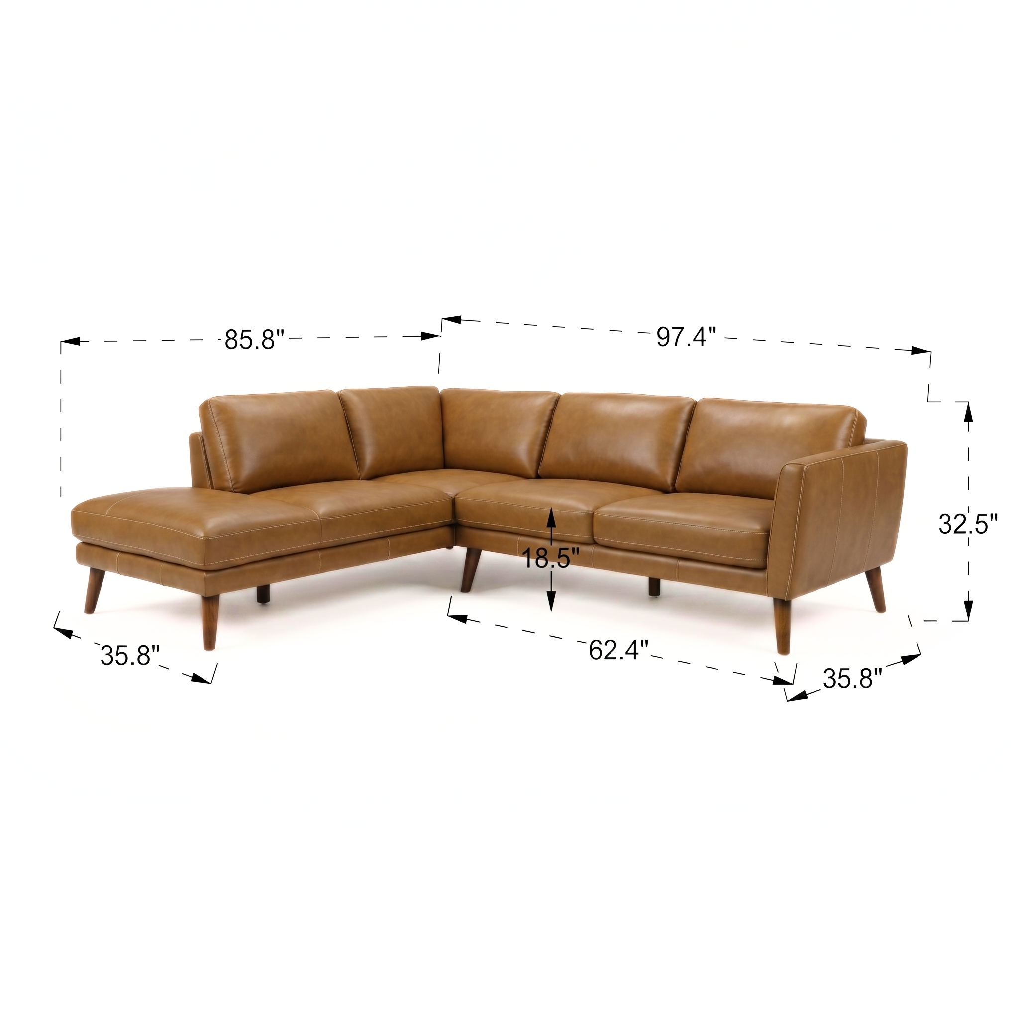 Bexley Beige Leather Sectional Sofa Right Facing Chaise