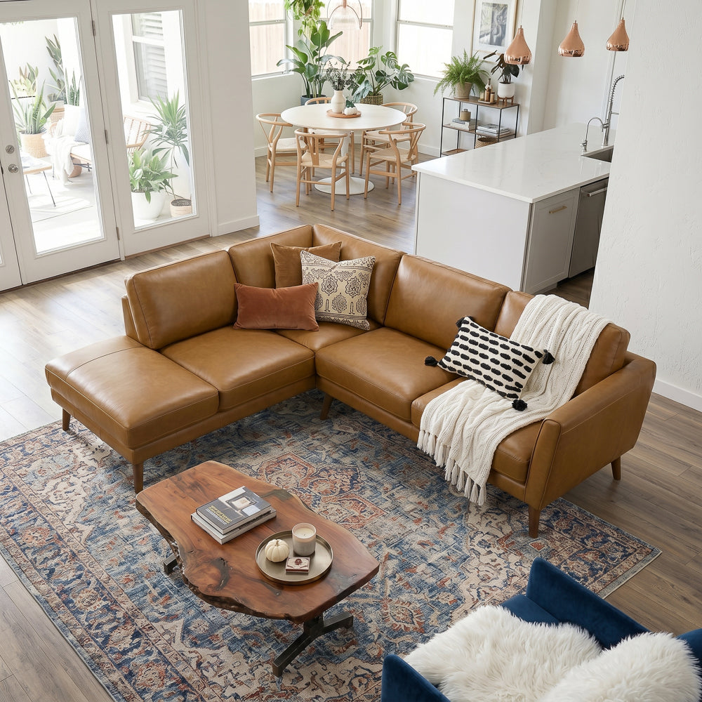 Bexley Tan Leather Sectional Sofa Left Facing Chaise