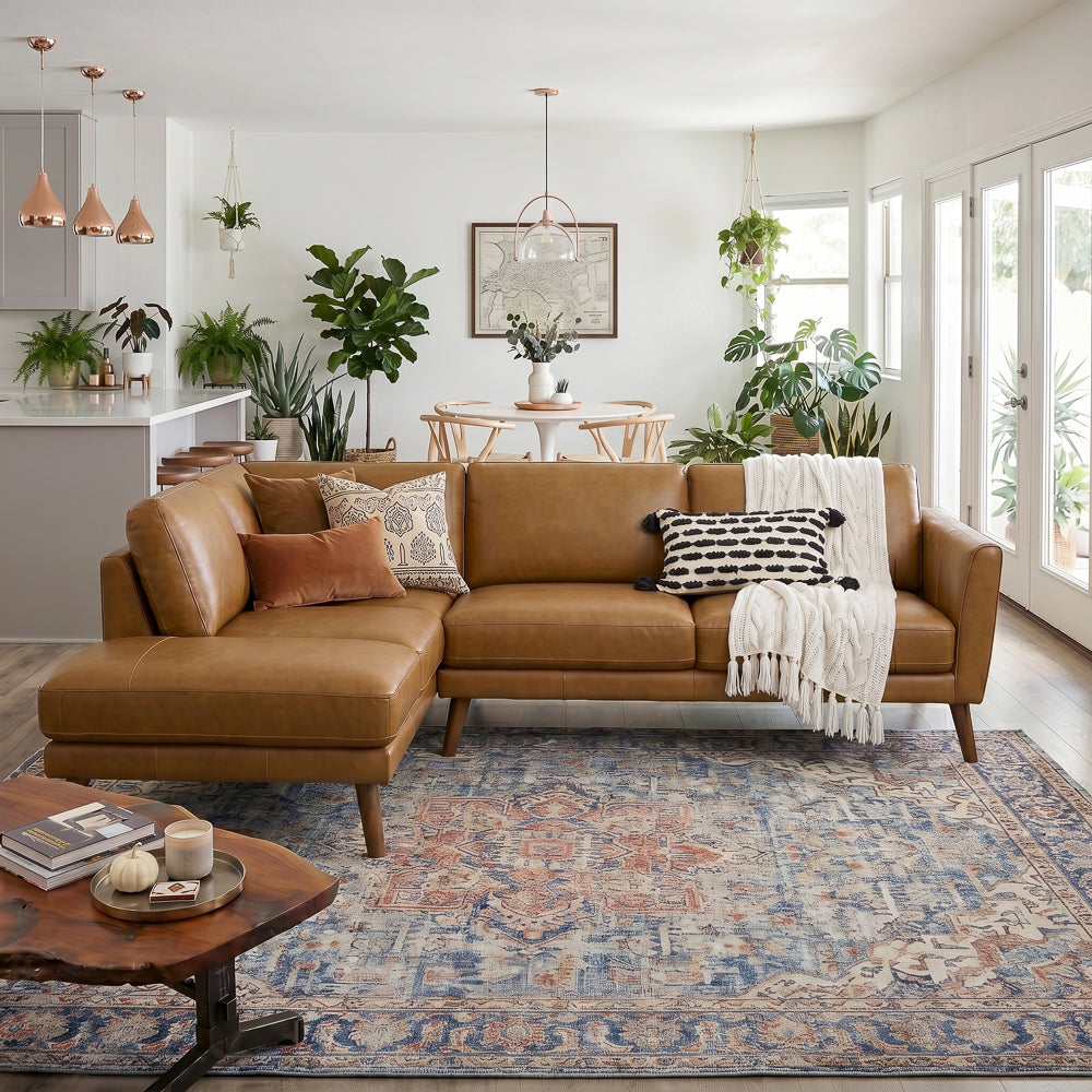Bexley Tan Leather Sectional Sofa Left Facing Chaise