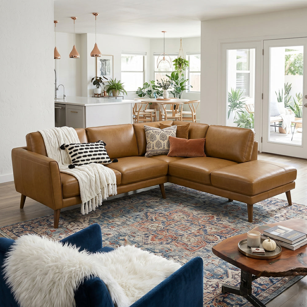 Bexley Tan Leather Sectional Sofa Right Facing Chaise