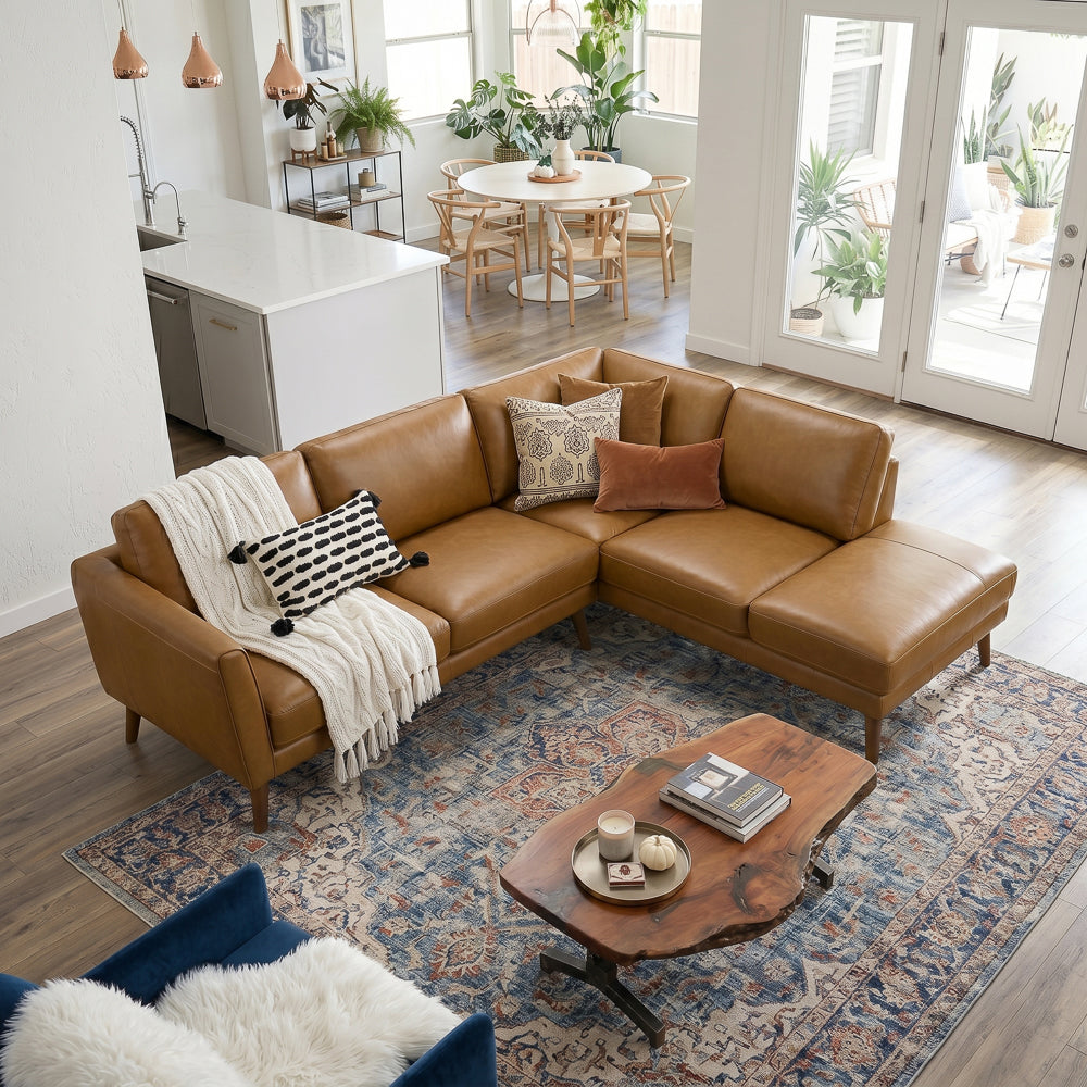 Bexley Tan Leather Sectional Sofa Right Facing Chaise
