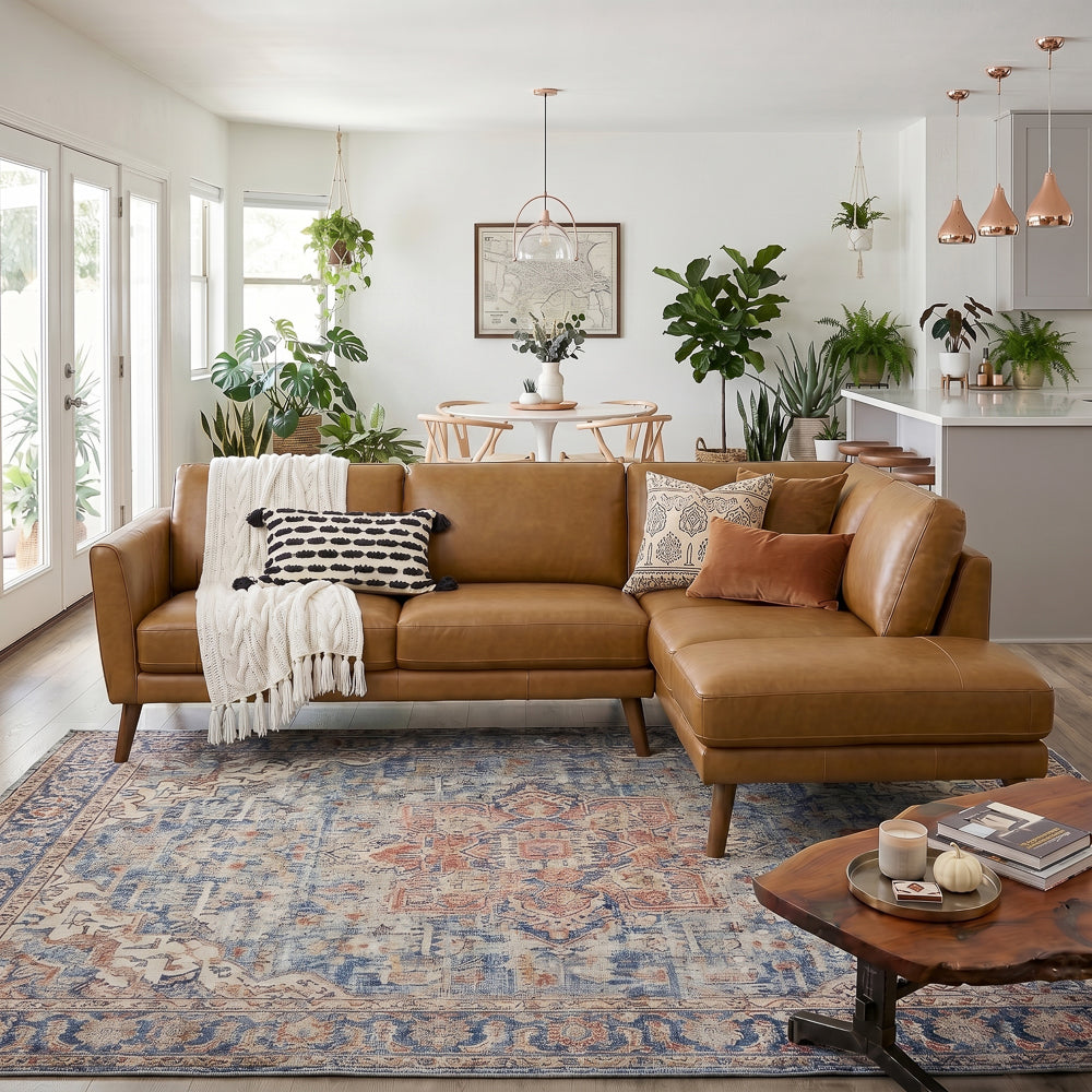 Bexley Tan Leather Sectional Sofa Right Facing Chaise
