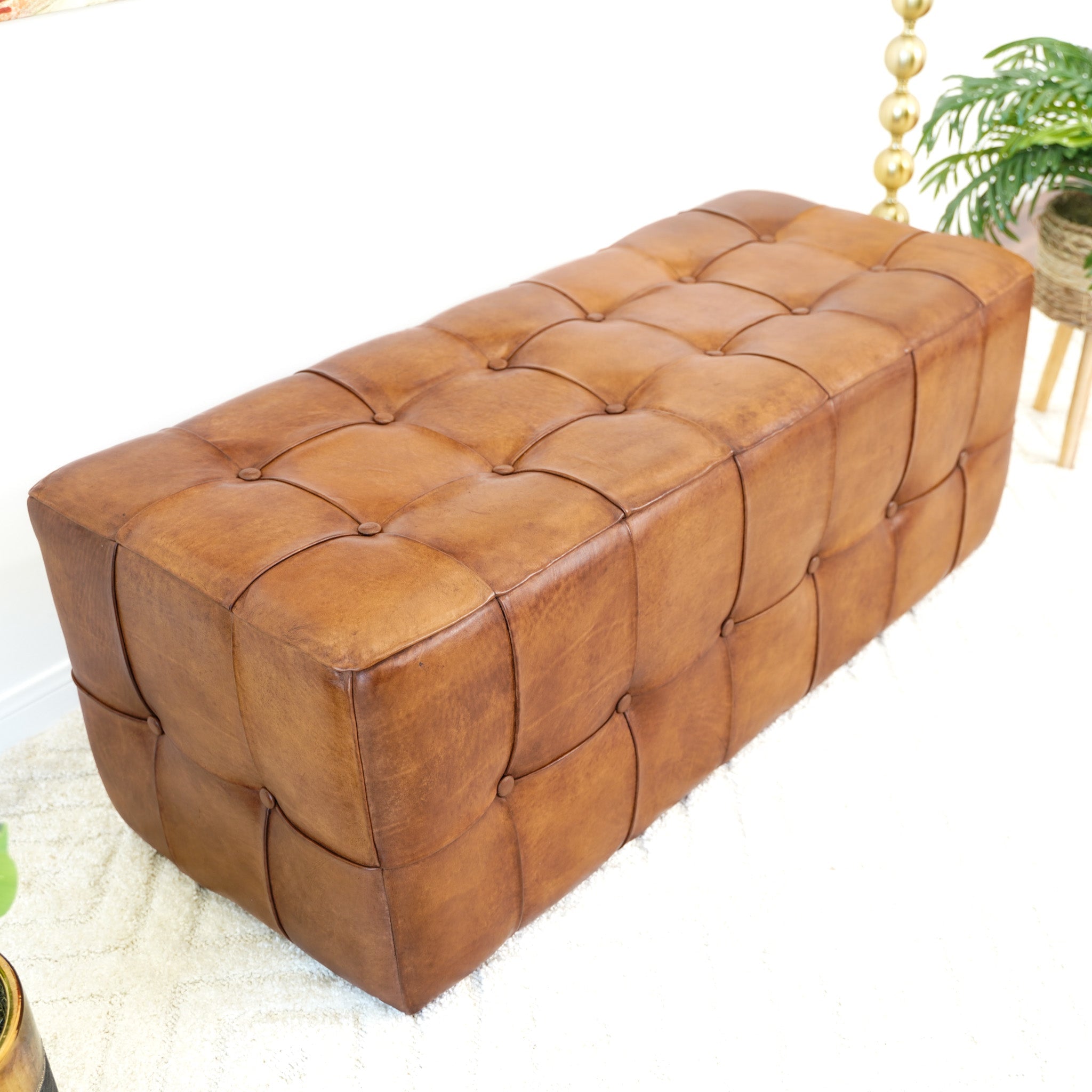 Bunta Tan Genuine Leather Tufted Bench