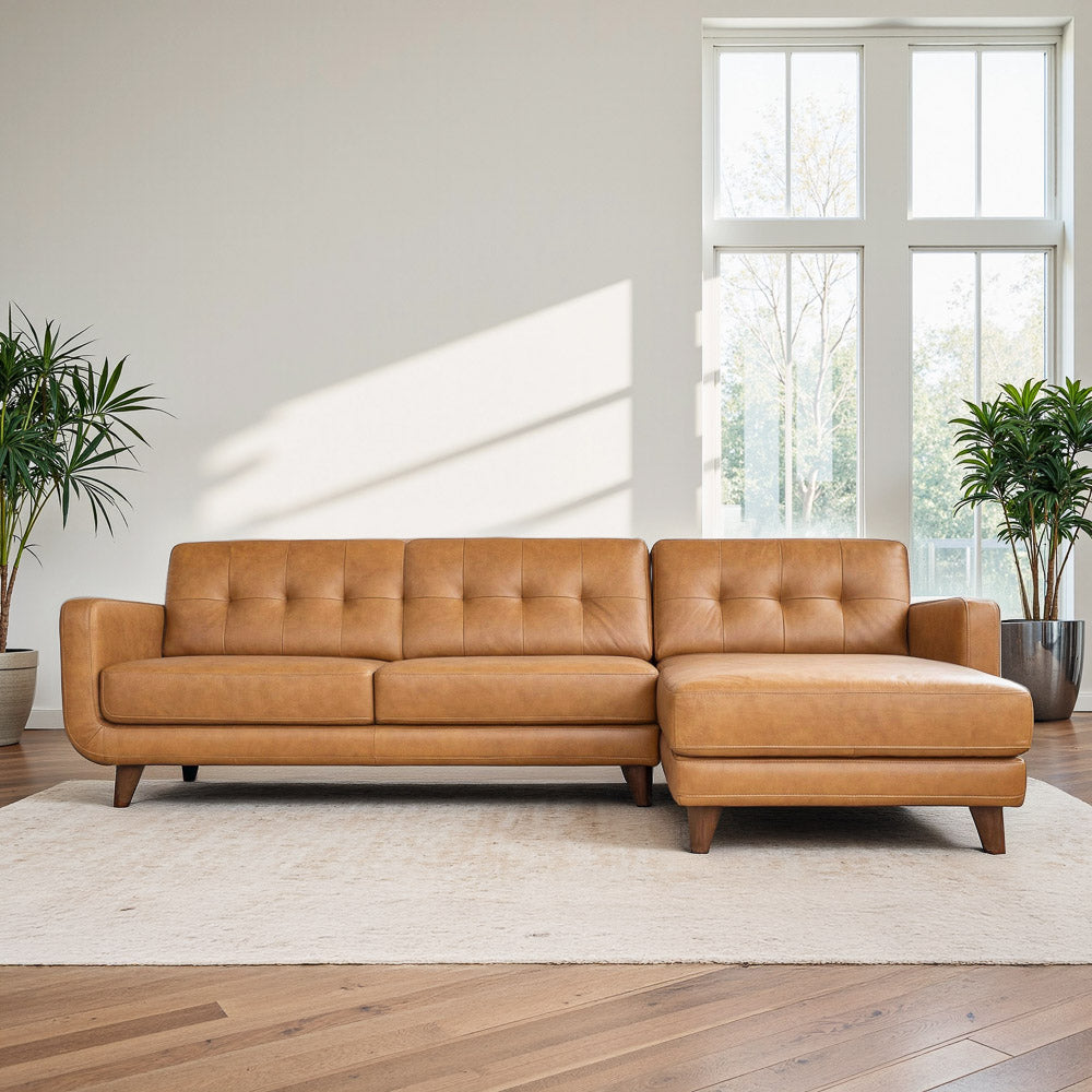 Cassie Tan Leather Sectional Sofa Right Facing Chaise