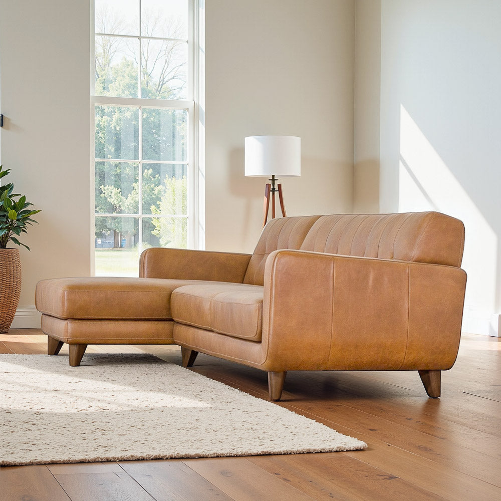 Cassie Tan Leather Sectional Sofa Left Facing Chaise