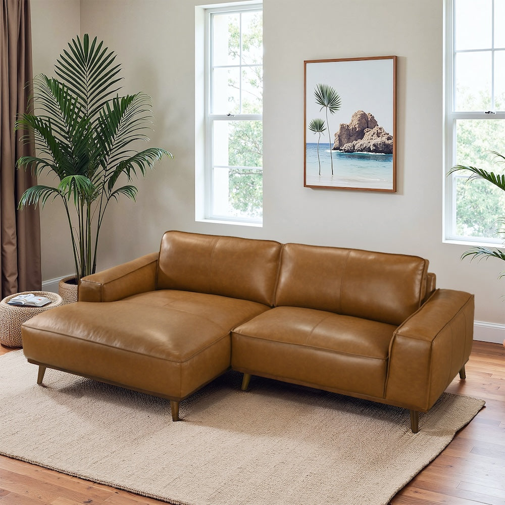 Clifton Tan Leather Sectional Sofa Left Facing Chaise