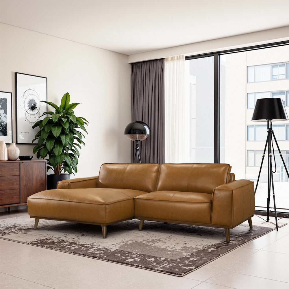 Clifton Tan Leather Sectional Sofa Left Facing Chaise