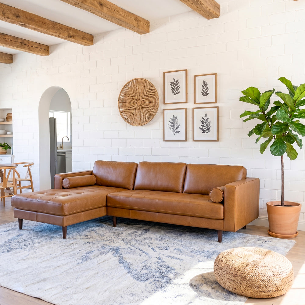 Daphne Tan Leather L Shape Corner Sofa Left Facing Chaise