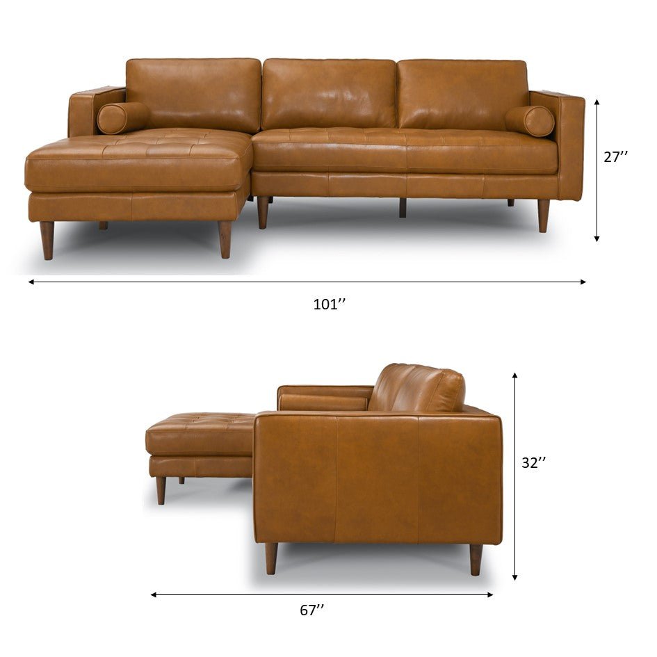 Daphne Tan Leather L Shape Corner Sofa Left Facing Chaise