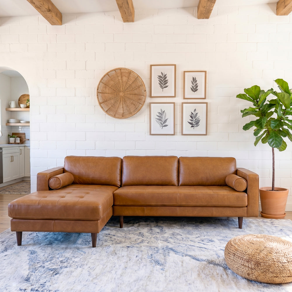 Daphne Tan Leather L Shape Corner Sofa Left Facing Chaise