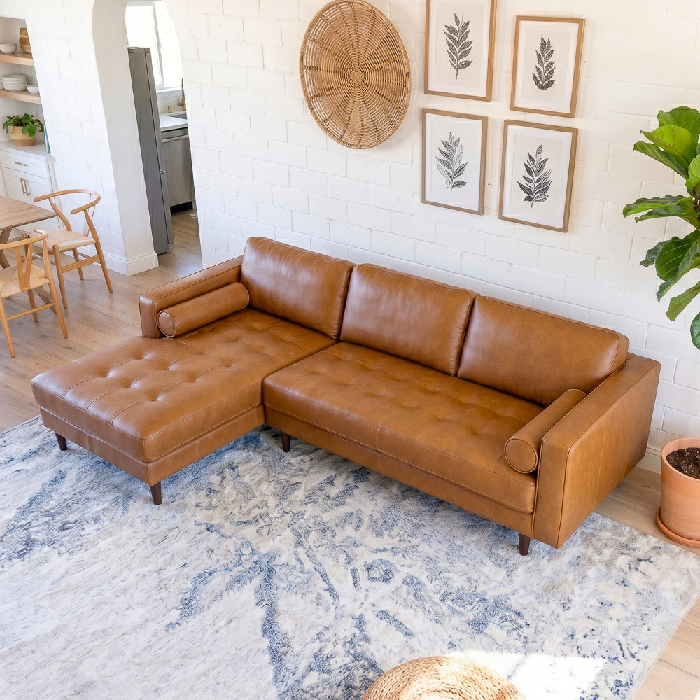 Daphne Tan Leather L Shape Corner Sofa Left Facing Chaise