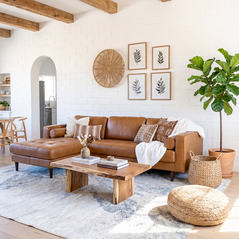 Daphne Tan Leather L Shape Corner Sofa Left Facing Chaise