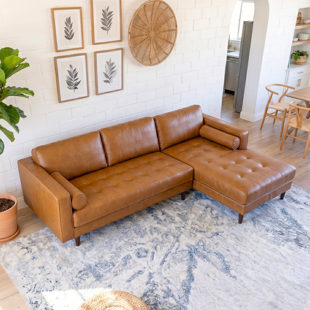 Daphne Tan Leather L Shape Corner Sofa Right Facing Chaise