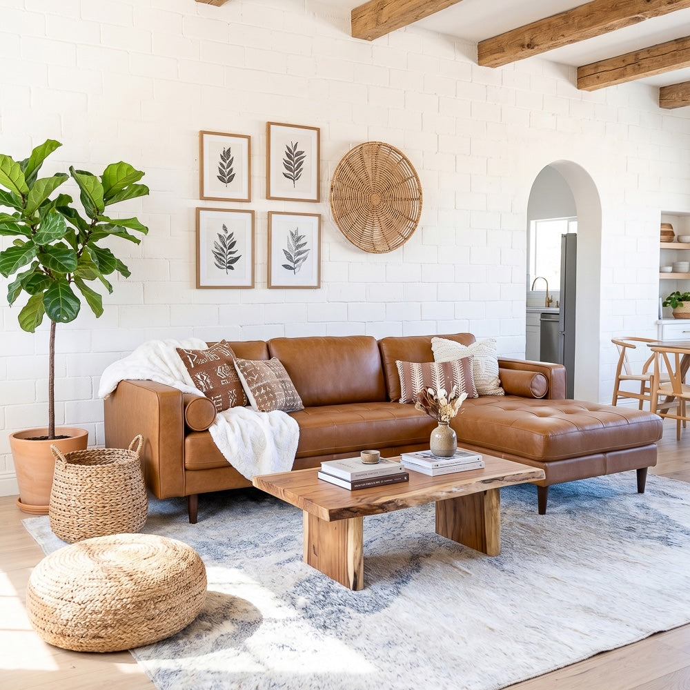 Daphne Tan Leather L Shape Corner Sofa Right Facing Chaise