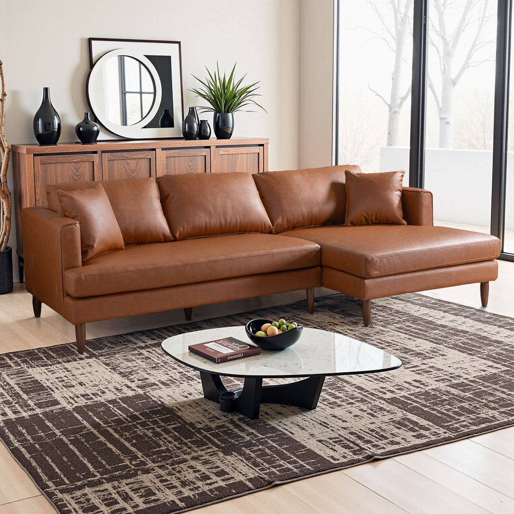 Delano Cognac Vegan Leather Sectional Sofa Right Facing Chaise