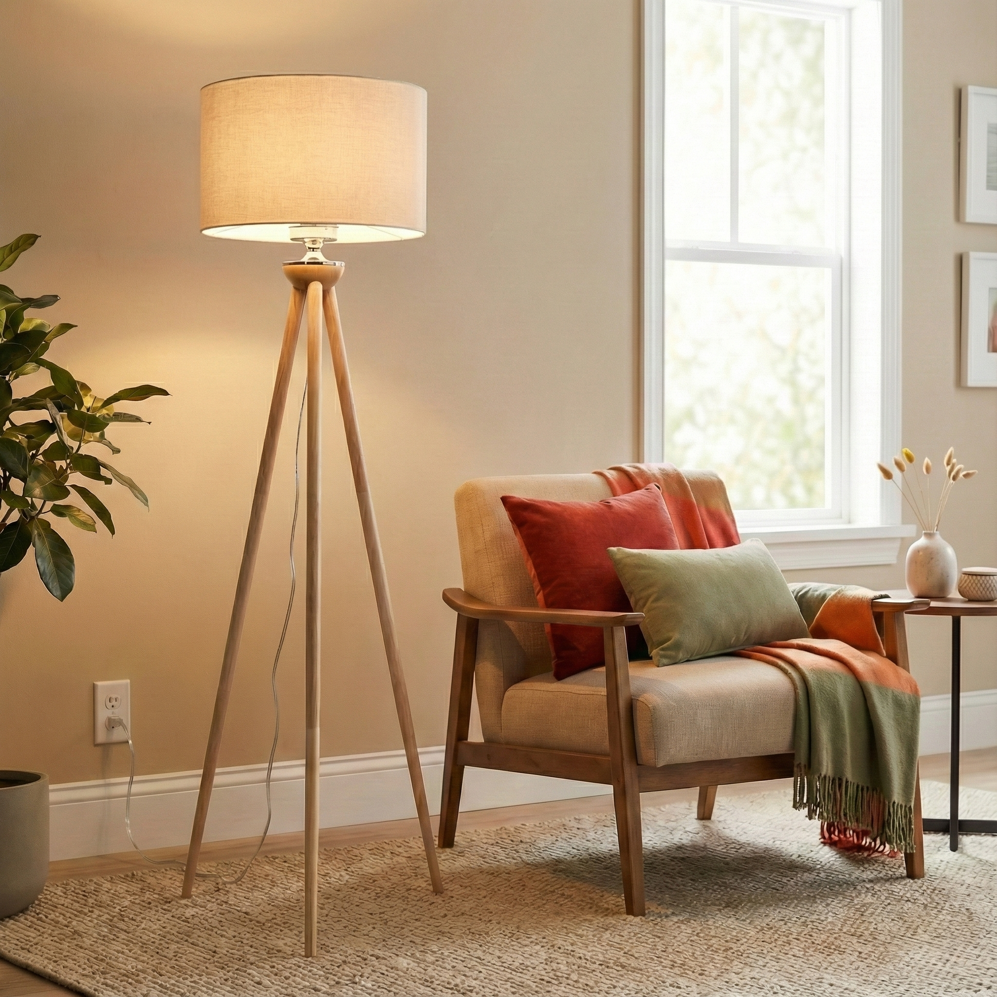 Eclipse Three Legged Wooden Strip Floor Lamp - Natural