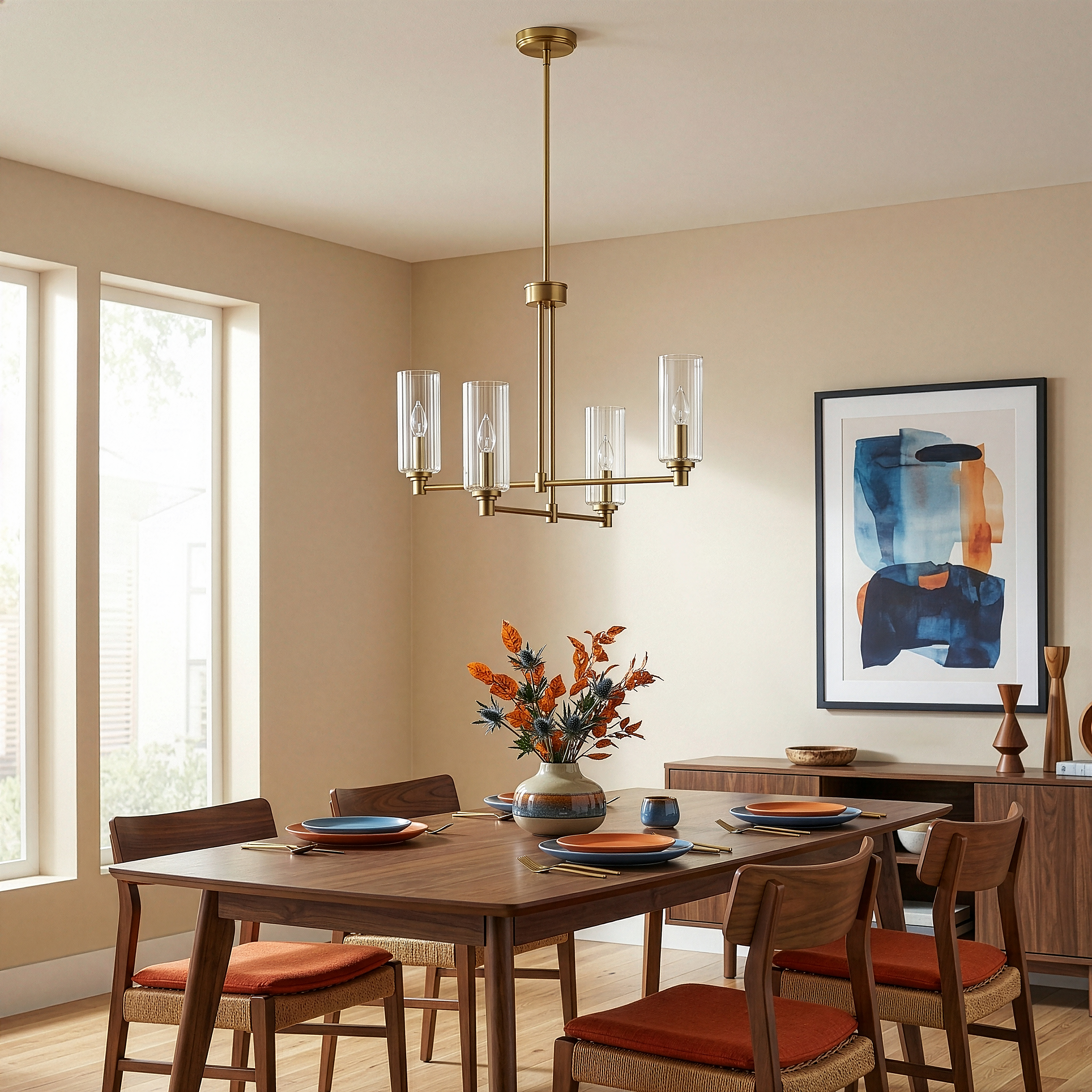 Enigma Four Lights Chandelier With Clear Ribbed Glass -Satin Brass
